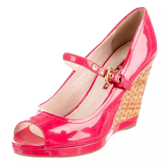 Prada Hot Pink Patent Leather Peep Toe Woven Wedge Heeled Mary Jane Sandals 8 - Picture 1 of 11